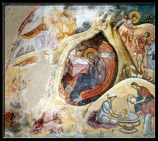 Narození Kristovo, freska, 12. století, klášter Studenica