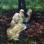 Lev Nikolajevič Tolstoj odpočívá v lese (1891)