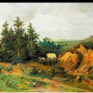 Krajina s vozem s bílou plachtou