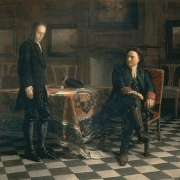 Petr I. naslouchá careviči Alexeji v Peterhofu