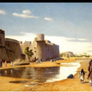 Arabská karavana před opevněným městem