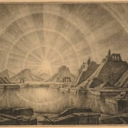 Imaginární krajina s pyramidami, litografie (1922)