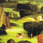 Pád andělů, stvoření Evy, prvotní hřích a vyhnání z ráje (levé křídlo Posledního soudu)