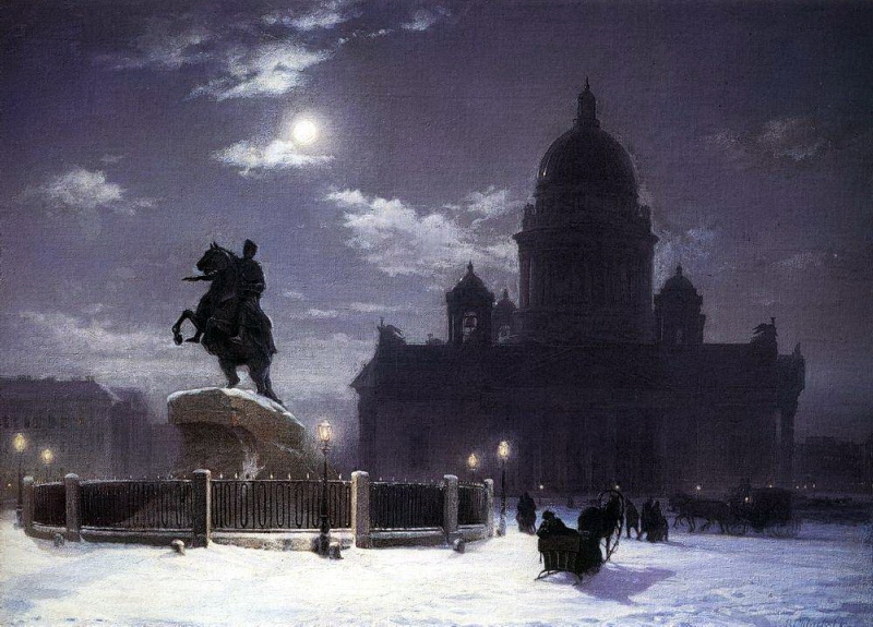 Pohled na památník Petra I. na Senátním náměstí v Petrohradě