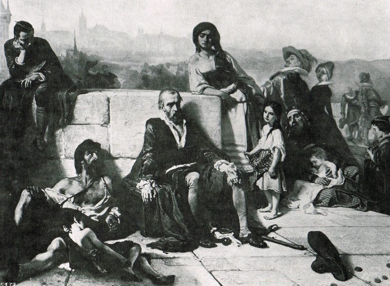 Šimon Lomnický žebrá na pražském mostě (1853)