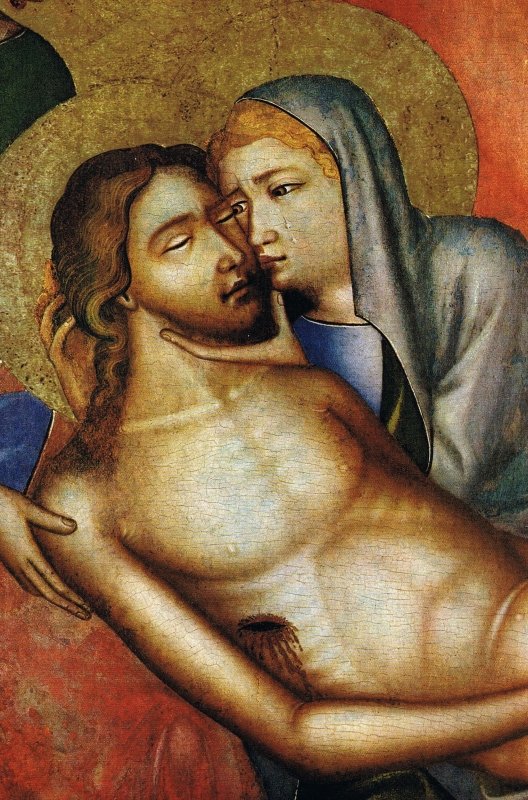 Oplakávání Krista (před rokem 1350), detail, Kristus a Marie