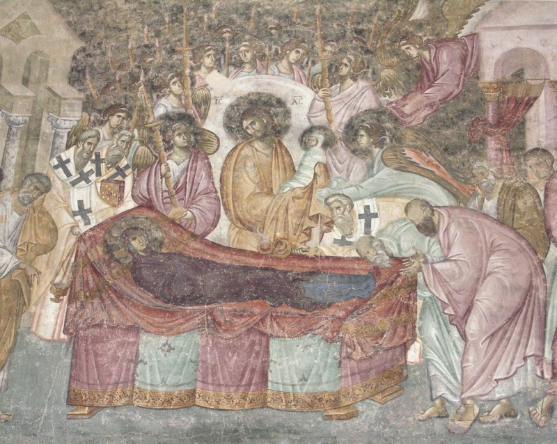 Zesnutí Bohorodičky, freska, klášter Sopočany, 13. století