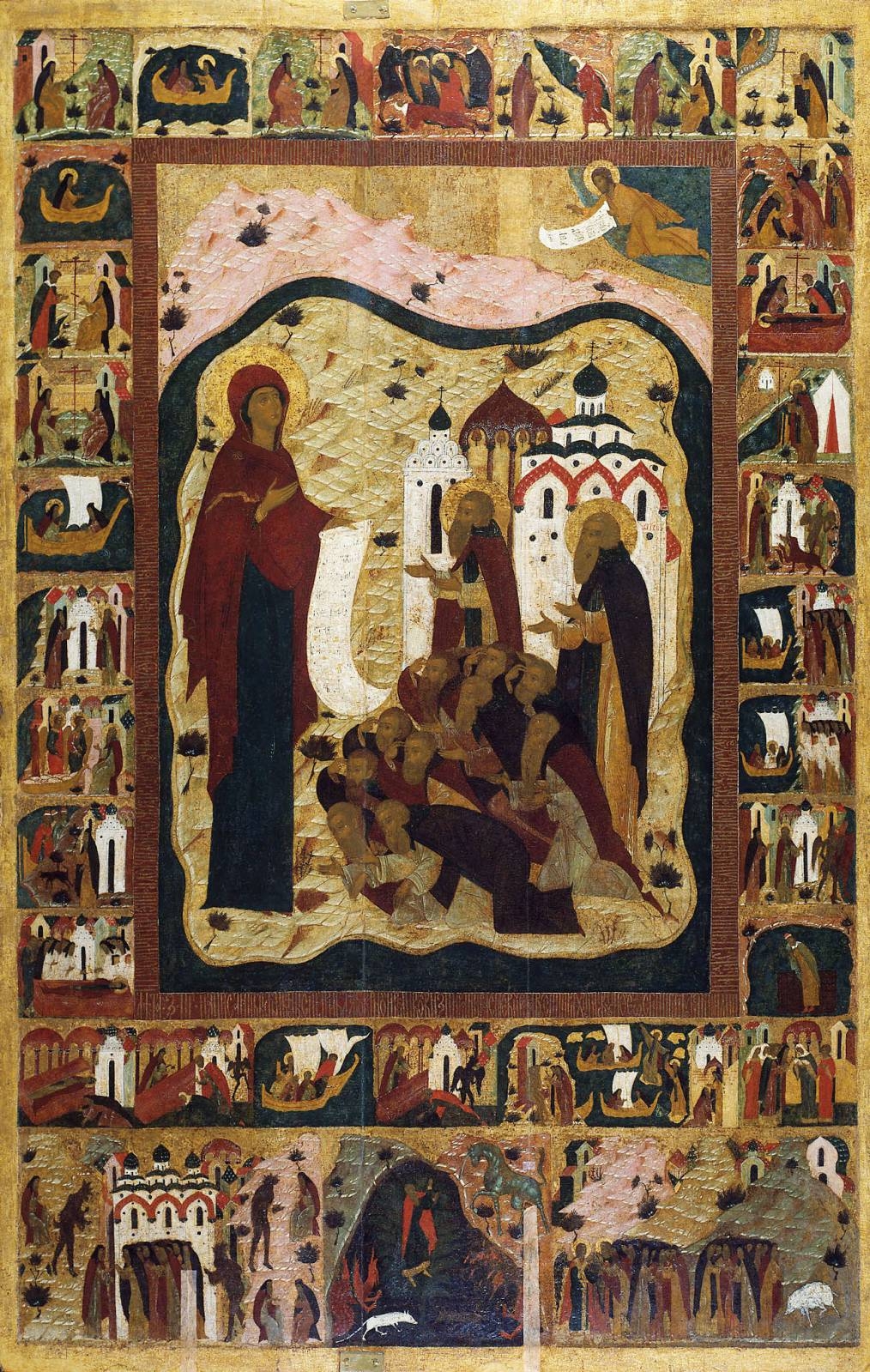 Bohorodička Bogoljubská s životem sv. Zosimy a Savvatije, ikona, ruský Sever, 16. století