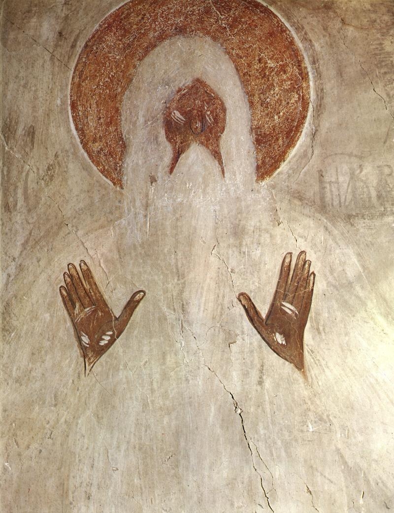 Makarios Egyptský, fragment fresky, chrám Proměnění Páně v Novgorodu, 1378, Theofan Řek