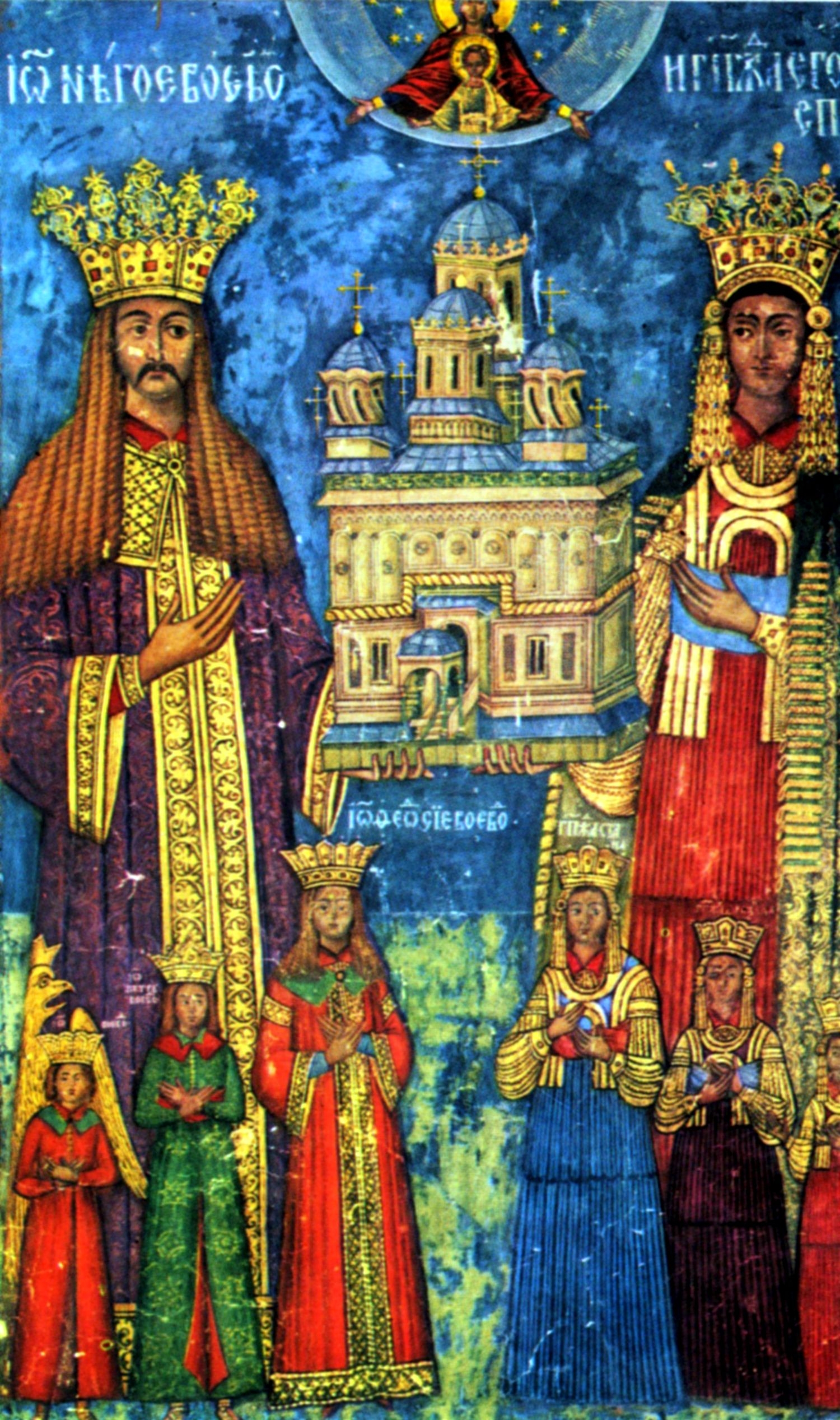 Neagoe Basarab a jeho žena Milica Despina; ve spodní části (zleva doprava) jejich děti - Petru, Ioan, Teodosie, Angelina, Ruxandra a Stana, freska kláštera Argeš, 16. století