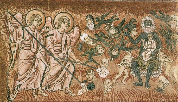 Andělé a celníci, kteří hubí zastánce ikonoklasmu, byzantská freska