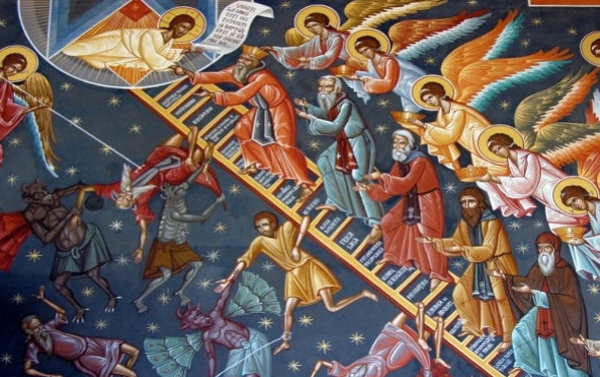 Nebeský žebřík s anděly a celníky, strhávající hříšníky do pekla, novodobá řecká freska
