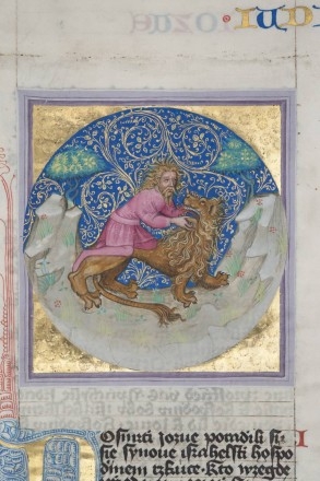 Bible boskovická Samson u timnatských vinic holýma rukama zabíjí lva, asi polovina 20. let 15. století