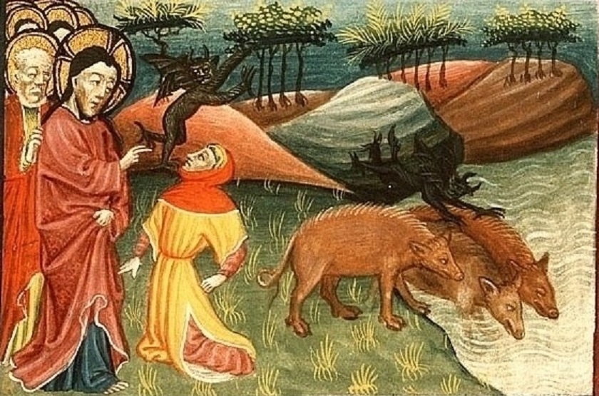 Kristus promenuje besy v prasata, stredoveka iluminace