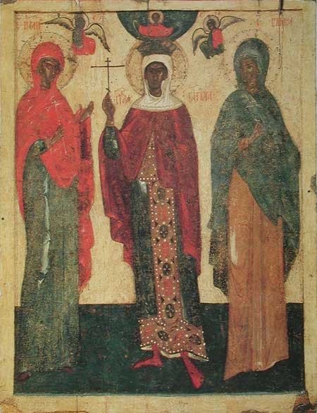 Mučednice Paraskeva, Barbara a Julie. Konec 14 století. Treťjakovská galerie.