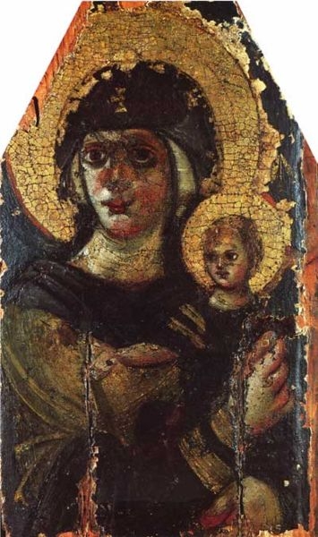 Bohorodička s Dítětem. Enkaustická ikona, 6. století. Kyjev, Muzeum umění Bohdana a Varvary Chaněnkových.