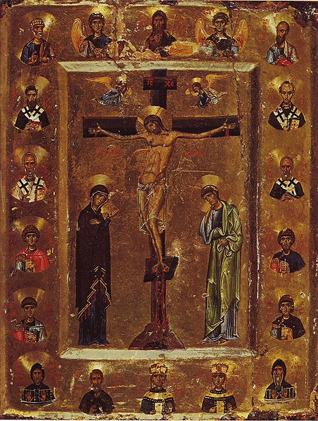 Ukřižování Krista s vyobrazením svatých na rámu. Ikona druhé poloviny 12. století.